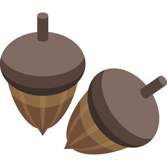 Two Brown Acorns With Stems Isolated on a White Background in an Isometric View of Forest Elements