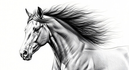 Dramatic black and white portrait of a horse with flowing mane