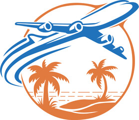 Dream vacation air travel icon with airplane palm trees and ocean waves