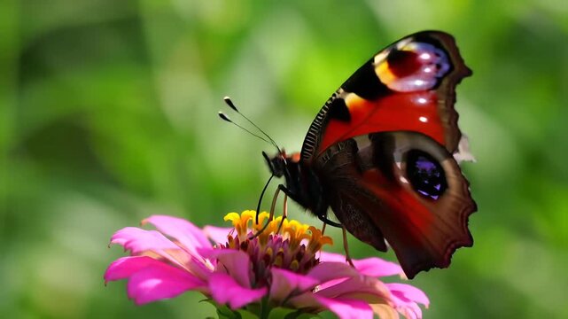 A vibrant Peacock butterfly with striking red and blue eye-spots rests gracefully on a bright pink Zinnia flower, showcasing its intricate wing patterns in a lush green garden on a sunny day.