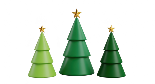 Three stylized christmas trees with golden stars isolated on transparent background, perfect for holiday cards, festive decorations, and seasonal designs, bringing a touch of cheer and warmth
