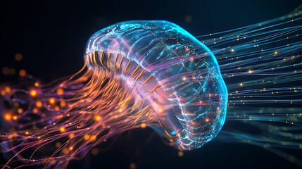 A jellyfish with transparent data-conductive tendrils glowing in the deep sea 