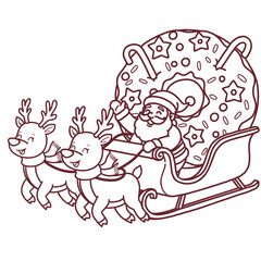 Santa Claus Reindeer Sleigh Delivering Christmas Donut Gifts Line Art Illustration