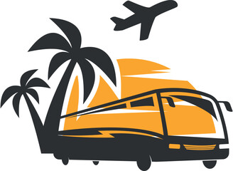 Enjoy your travel adventures with a vibrant bus palm trees and airplane graphic