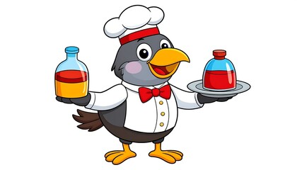 Cartoon bird chef holding drinks