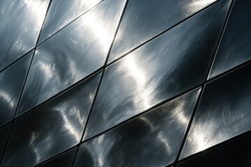 Abstract view of a reflective aluminum facade with polished metal panels capturing sunlight. The smooth geometric composition emphasizes modern architecture, industrial precision, and the interplay of