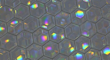 Iridescent Hexagon Pattern Background with Light Refraction and Optical Effects