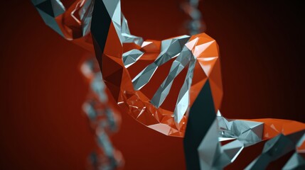 Intricate 3D representation of a DNA double helix featuring sharp geometric shapes in vibrant red and gray tones, set against a solid background.