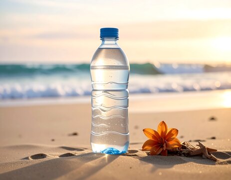 A transparent bottle of water on a sandy beach beside an orange flower and a small starfish, with gentle waves and a warm sunset