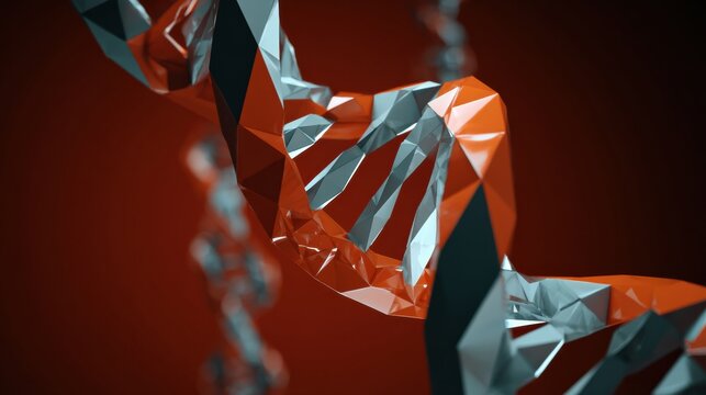 Intricate 3D representation of a DNA double helix featuring sharp geometric shapes in vibrant red and gray tones, set against a solid background.