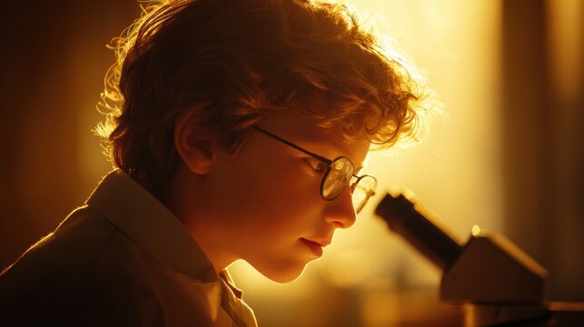 A child with curly hair and glasses focuses intently on a microscope in a cozy, warmly lit lab, discovering the wonders of science. - Powered by Adobe
