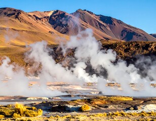A scenic view of a geothermal area, with steam rising from vents in a rugged terrain, backed by mountains under a clear blue sky