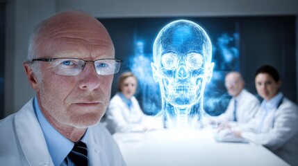 Medical experts analyze a 3D holographic skull model during a meeting in a high-tech clinical environment, focusing on advanced imaging techniques.