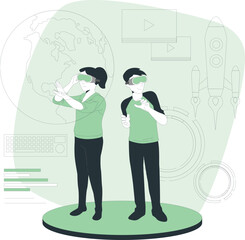 People Using VR Headsets Interacting with Virtual Reality Elements Globe Rocket and Keyboard augmented reality