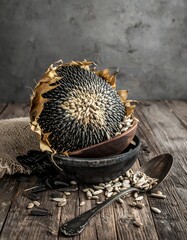 Close-up of sunflower seeds in a wooden bowl and spoon