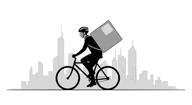 A cyclist delivers a package through a city skyline on a bicycle.