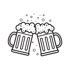 This minimalist line art illustration features two clinking beer mugs with overflowing foam and rising bubbles, perfect for pub, brewery.eps