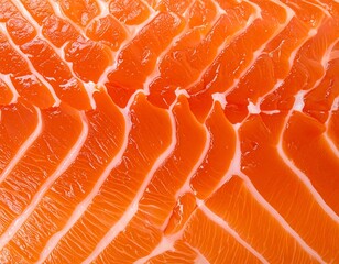 Close-up of uncooked salmon fillet, showing orange meat and white lines