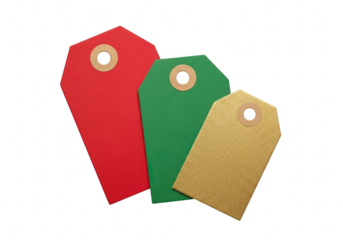Three colorful tags in red, green and gold isolated on transparent background these tags are perfect for labeling gifts, products, or anything else that needs a little extra flair