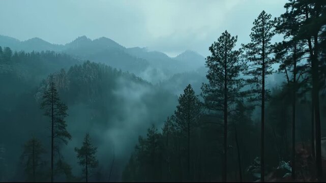 Moody Foggy Mountain Forest Landscape at Dusk.