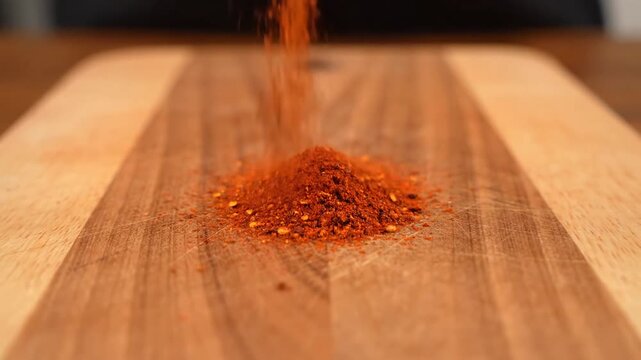 Close up of crushed red chili flakes being sprinkled onto a wooden cutting board.
