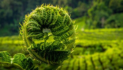 Close-up of unfolding fern frond, verdant tea plantation in background