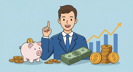 Cartoon illustration of a businessman pointing upwards next to a piggy bank, money stack, gold coins, and an upward trending graph, representing financial growth.
