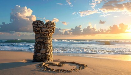 A seaside stone tower with a heart-shaped base sits on a sandy beach as gentle waves lap the shore at sunset
