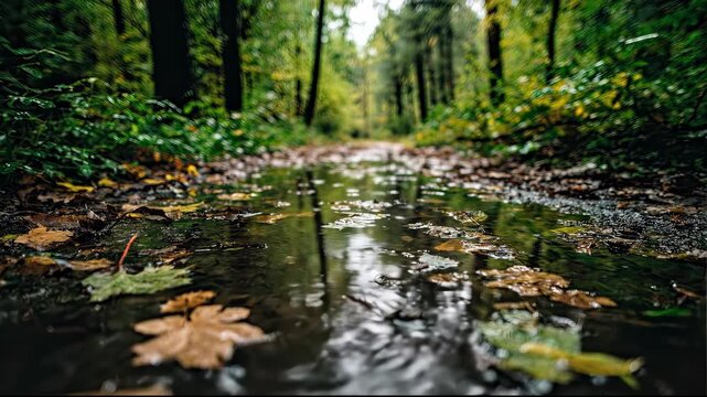 Forest Path After Rain - A Serene Nature Scene with Water Reflection.