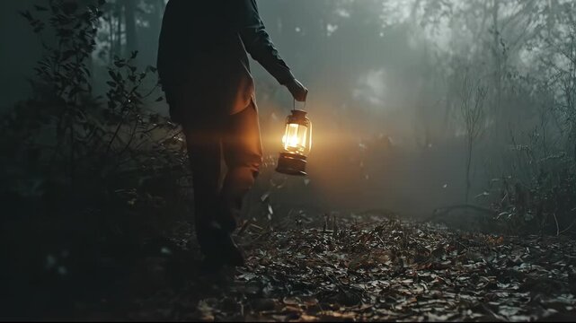Lone Figure with a Glowing Lantern Walks Through a Mysterious Foggy Forest at Night.