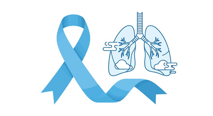 Illustration depicting a light blue awareness ribbon and a stylized pair of lungs, representing lung cancer awareness.