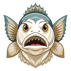 Cartoon fish head, open mouth, fierce expression