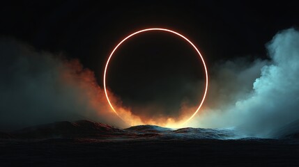 Mystical glowing ring hovers over dark, choppy water amidst ethereal fog and dramatic orange and teal clouds