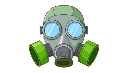 Cartoon gas mask, light-gray, green tubes, clear lenses