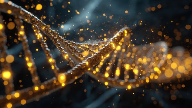 Golden DNA strands twist against a dark backdrop, surrounded by glimmering particles that showcase the beauty of genetic structures.