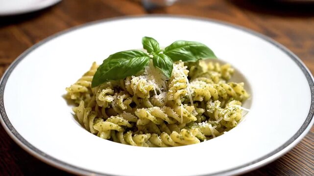 Delicious Fusilli Pasta with Pesto Sauce and Fresh Basil Garnish.