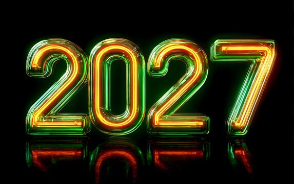 Vibrant neon numbers 2027 illuminate a dark background with dazzling reflections, heralding a futuristic new year's celebration.