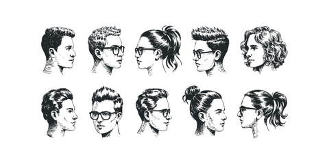 Fototapeta premium Collection of Black and White Head Profiles Diverse Hairstyles and Glasses