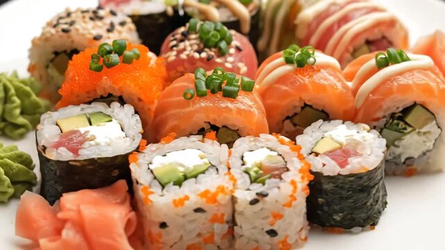 Delicious Assortment of Fresh Sushi Rolls with Wasabi and Ginger.