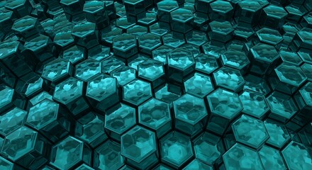 Teal Hexagonal Grid Abstract Background with Reflective Surface Design