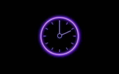 Striking purple neon clock face glows against a dark background, symbolizing punctuality and modern timekeeping.