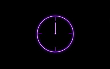 Futuristic neon clock face glows intensely against a stark black background symbolizing urgency and modern timekeeping with vibrant purple hues.
