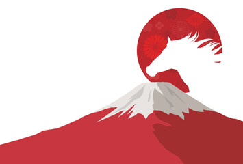 午年の年賀状テンプレート　馬と富士山と日の出