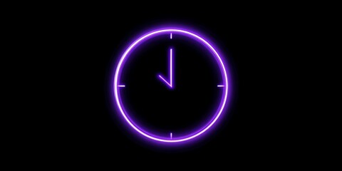 Striking neon purple clock face glows against deep black, symbolizing urgent deadlines, modern timekeeping, and critical moments.