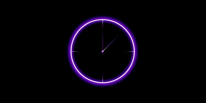 Futuristic neon clock face glows with vibrant purple light against a dark, minimalist background, symbolizing modern timekeeping and digital innovation.