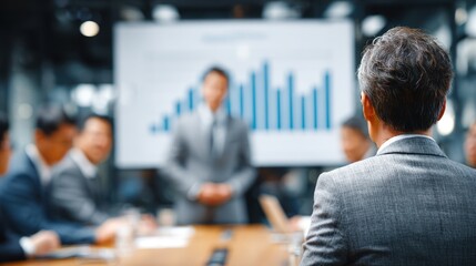 A meeting room with a man presenting data to colleagues in business attire