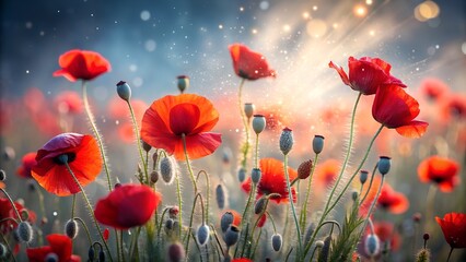 Obraz premium Enchanting poppy field with bokeh lights and a soft, dreamy, sunlit atmosphere