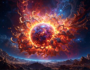 Celestial cosmic body erupting with fiery energy over a planet