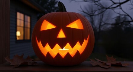 Obraz premium Eerily illuminated jack-o'-lantern casting a warm glow on a spooky autumn evening scene