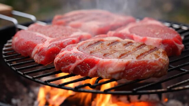 Grilling Steaks Over Open Fire A Delicious Outdoor Cooking Experience.